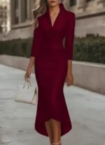 Autumn Elegant Solid Color Long Sleeved V-Neck Satin Dress for Women, Fashionable Waist Bag, Buttocks, Fish Tail Dress