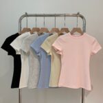 BM style American right-shoulder short-sleeved T-shirt for women in summer new round neck with short slim-fitting bottoming shirt top