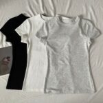 BM style American right-shoulder short-sleeved T-shirt for women in summer new round neck with short slim-fitting bottoming shirt top