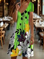 Casual Plant Flower 3D Print Dresses For Women 2025 Summer Retro Short Sleeve V-Neck Midi Dress Fashion Loose Plus Size Clothing