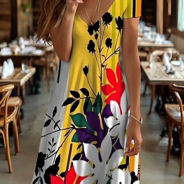 Casual Plant Flower 3D Print Dresses For Women 2025 Summer Retro Short Sleeve V-Neck Midi Dress Fashion Loose Plus Size Clothing