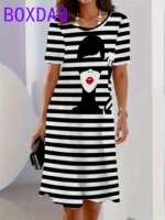 Classic Retro Striped Print Women Dresses Summer 2025 Casual Fashion Dress Short Sleeve O-Neck Loose A-Line Dress Women Sundress
