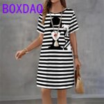 Classic Retro Striped Print Women Dresses Summer 2025 Casual Fashion Dress Short Sleeve O-Neck Loose A-Line Dress Women Sundress