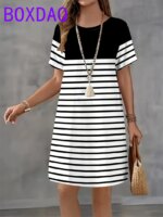 Classic Retro Striped Print Women Dresses Summer 2025 Casual Fashion Dress Short Sleeve O-Neck Loose A-Line Dress Women Sundress