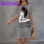 Classic Retro Striped Print Women Dresses Summer 2025 Casual Fashion Dress Short Sleeve O-Neck Loose A-Line Dress Women Sundress