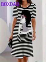 Classic Retro Striped Print Women Dresses Summer 2025 Casual Fashion Dress Short Sleeve O-Neck Loose A-Line Dress Women Sundress
