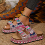 Cross-border direct supply 2025 summer new thick-soled double-button cork slippers large size rhinestone hemp rope beach slippers for women 43