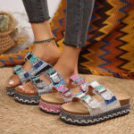 Cross-border direct supply 2025 summer new thick-soled double-button cork slippers large size rhinestone hemp rope beach slippers for women 43