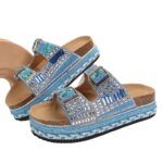Cross-border direct supply 2025 summer new thick-soled double-button cork slippers large size rhinestone hemp rope beach slippers for women 43