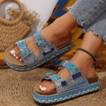Cross-border direct supply 2025 summer new thick-soled double-button cork slippers large size rhinestone hemp rope beach slippers for women 43