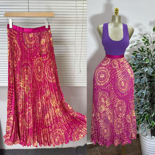 Cross-border foreign trade retro printed versatile skirt for women high-waisted A-line mid-length pleated skirt with large hem and drape