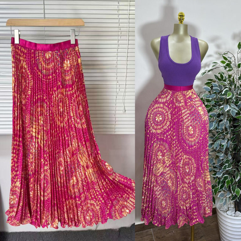 Cross-border foreign trade retro printed versatile skirt for women high-waisted A-line mid-length pleated skirt with large hem and drape