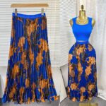 Cross-border foreign trade retro printed versatile skirt for women high-waisted A-line mid-length pleated skirt with large hem and drape