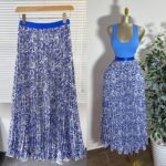 Cross-border foreign trade retro printed versatile skirt for women high-waisted A-line mid-length pleated skirt with large hem and drape
