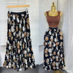 Cross-border foreign trade retro printed versatile skirt for women high-waisted A-line mid-length pleated skirt with large hem and drape
