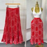 Cross-border foreign trade retro printed versatile skirt for women high-waisted A-line mid-length pleated skirt with large hem and drape