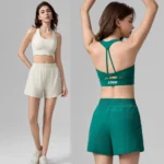 Custom Brand Logo 2-Piece Premium Tennis Sportswear for Women, Fascinating Backless Sports Bra & 2 in 1 Running Shorts with Liner Shorts and Pockets