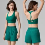 Custom Brand Logo 2-Piece Premium Tennis Sportswear for Women, Fascinating Backless Sports Bra & 2 in 1 Running Shorts with Liner Shorts and Pockets