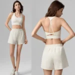 Custom Brand Logo 2-Piece Premium Tennis Sportswear for Women, Fascinating Backless Sports Bra & 2 in 1 Running Shorts with Liner Shorts and Pockets