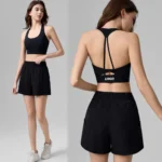 Custom Brand Logo 2-Piece Premium Tennis Sportswear for Women, Fascinating Backless Sports Bra & 2 in 1 Running Shorts with Liner Shorts and Pockets