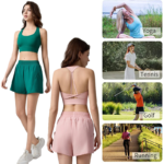 Custom Brand Logo 2-Piece Premium Tennis Sportswear for Women, Fascinating Backless Sports Bra & 2 in 1 Running Shorts with Liner Shorts and Pockets