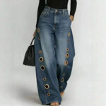D8773 2026 spring and summer new metal heterosexual corns European and American clothing solid color horse slip loose jeans in stock