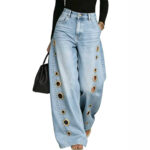 D8773 2026 spring and summer new metal heterosexual corns European and American clothing solid color horse slip loose jeans in stock