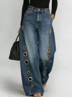 D8773 2026 spring and summer new metal heterosexual corns European and American clothing solid color horse slip loose jeans in stock