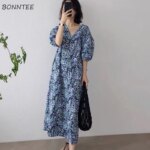 Dress Women Simple Floral Summer All-match Leisure Casual Ulzzang Chic Fashion Mid-calf Puff-sleeve Sundress Holiday Harajuku