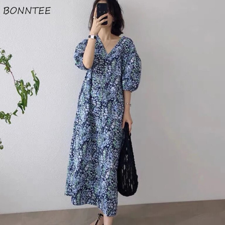 Dress Women Simple Floral Summer All-match Leisure Casual Ulzzang Chic Fashion Mid-calf Puff-sleeve Sundress Holiday Harajuku