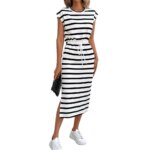 Dresses Women Long Dress Stripe Print Split Maxi Gown Round Collar Lace Up Tight Waist Summer 2025 Office Lady Vestidos