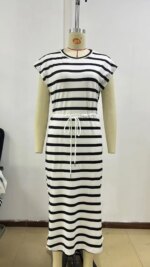 Dresses Women Long Dress Stripe Print Split Maxi Gown Round Collar Lace Up Tight Waist Summer 2025 Office Lady Vestidos