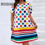 Elegant Fashion Polka Dot Striped Print Women'S Dresses Summer Plus Size Short Sleeve Loose Dress Casual O-Neck Woman's Clothing