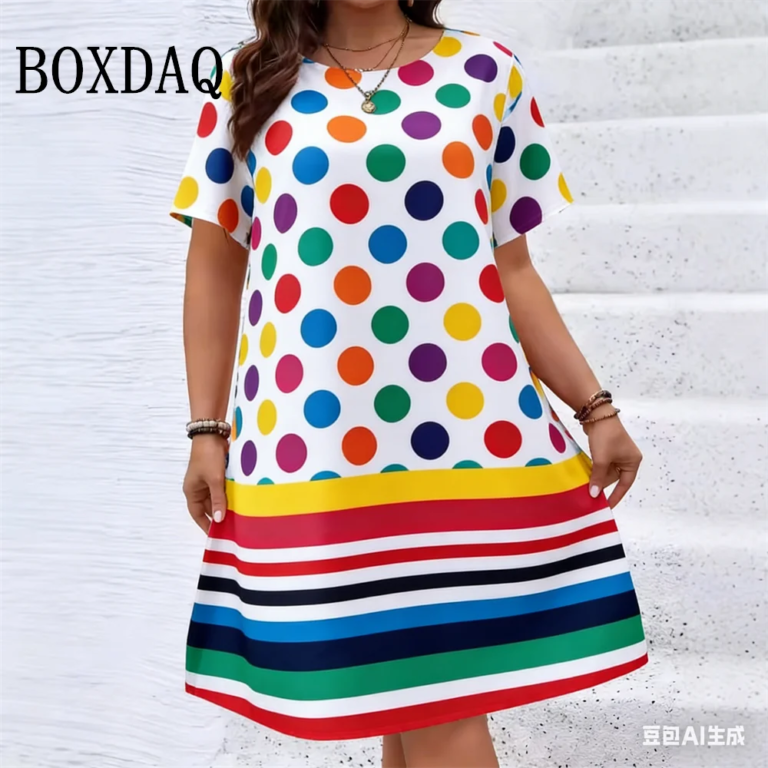 Elegant Fashion Polka Dot Striped Print Women'S Dresses Summer Plus Size Short Sleeve Loose Dress Casual O-Neck Woman's Clothing