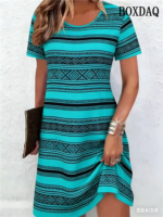 Ethnic Style Pattern 3D Printing Dresses For Women 2026 Fashion Summer Short Sleeve Loose A-Line Dress Casual Women's Clothing