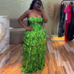 European and American cross-border women's clothing 2025 summer new style small fresh holiday tube top printed ruffle cake skirt dress