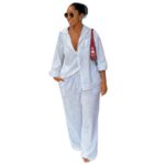European and American cross-border women's clothing 2026 summer new fashion lapel loose white long-sleeved shirt wide-leg trousers suit
