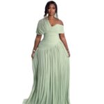 European and American cross-border women's clothing 2026 summer new style temperament slope collar pleated lace-up waist long short-sleeved dress