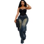 European and American style wide-leg jeans Amazon cross-border women's fashion washed tie-dye frayed straight overalls