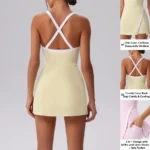 Fantastic Color-Blocking Mini Badminton Tennis Exercise Dress with Built-in Shorts & Bra, Cross Back Sleeveless Golf Gym Workout Tank Dresses with Slit Side