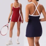 Fantastic Color-Blocking Mini Badminton Tennis Exercise Dress with Built-in Shorts & Bra, Cross Back Sleeveless Golf Gym Workout Tank Dresses with Slit Side