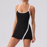 Fantastic Color-Blocking Mini Badminton Tennis Exercise Dress with Built-in Shorts & Bra, Cross Back Sleeveless Golf Gym Workout Tank Dresses with Slit Side