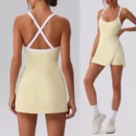 Fantastic Color-Blocking Mini Badminton Tennis Exercise Dress with Built-in Shorts & Bra, Cross Back Sleeveless Golf Gym Workout Tank Dresses with Slit Side