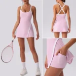 Fantastic Color-Blocking Mini Badminton Tennis Exercise Dress with Built-in Shorts & Bra, Cross Back Sleeveless Golf Gym Workout Tank Dresses with Slit Side