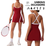 Fantastic Color-Blocking Mini Badminton Tennis Exercise Dress with Built-in Shorts & Bra, Cross Back Sleeveless Golf Gym Workout Tank Dresses with Slit Side