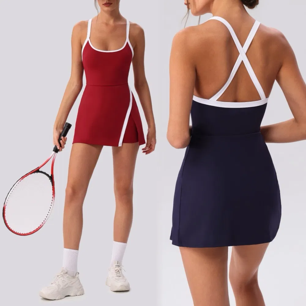 Fantastic Color-Blocking Mini Badminton Tennis Exercise Dress with Built-in Shorts & Bra, Cross Back Sleeveless Golf Gym Workout Tank Dresses with Slit Side Fantastic Color-Blocking Mini Badminton Tennis Exercise Dress with Built-in Shorts & Bra, Cross Back Sleeveless Golf Gym Workout Tank Dresses with Slit Side