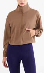 Fitness Women Sports Jacket Top High Collar Half Zipper Loose Pocket Long Sleeve Yoga Shirt Gym Coat Comprehensive Training Top