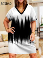 Gradient Dresses Summer Elegant Women'S Clothing Fashion Print Short Sleeves Loose Dress Plus Size Casual V-Neck Party Dress 6XL