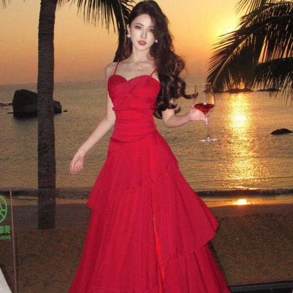 Holiday Sexy Club Birthday Party Backless Dress Women Summer V Neck Sleeveless Spaghetti Strap Mesh Tulle Ruffled Long Dresses