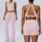 Ins/Amazon Top Picked 4PCS Backless Activewear Set Premium Fitness Clothing for Women, Sexy V Neck Sports Bra + Tank Tops + Workout Shorts + Flared Yoga Pants